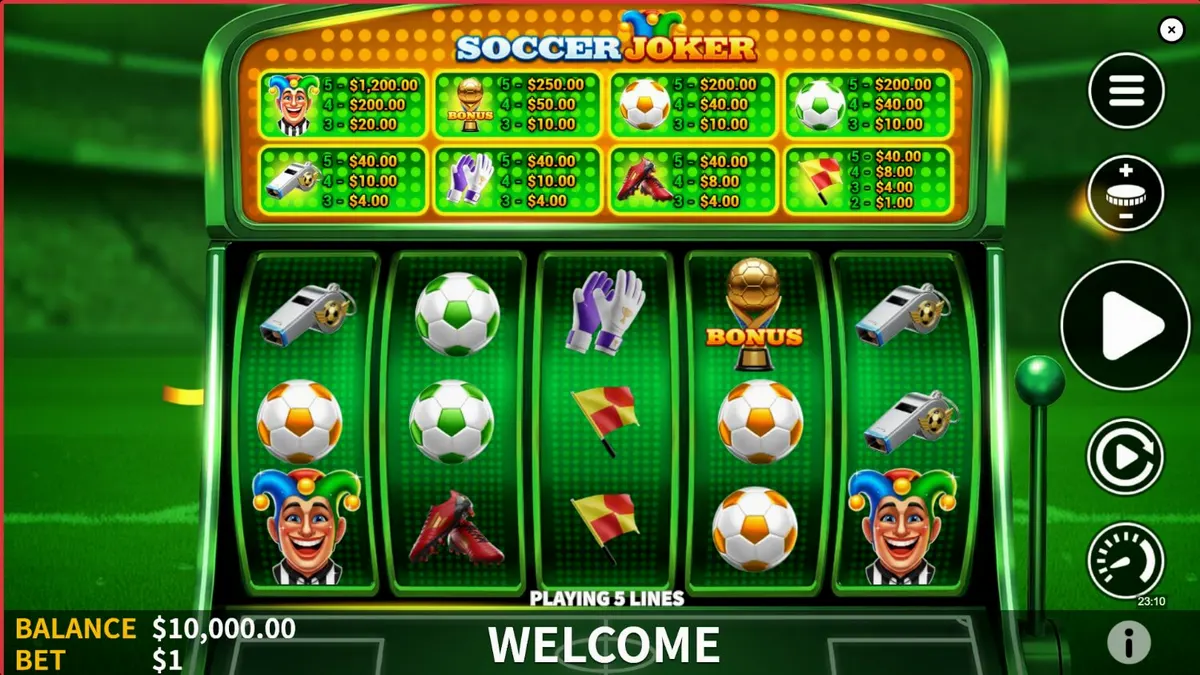 Interface visual do slot Soccer Joker com elementos de futebol e design neon