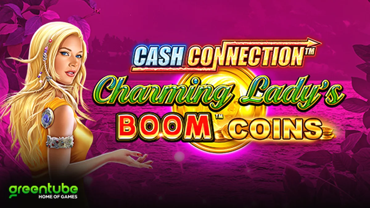 Interface do jogo de slot Cash Connection Charming Lady’s Boom Coins com elementos visuais vibrantes